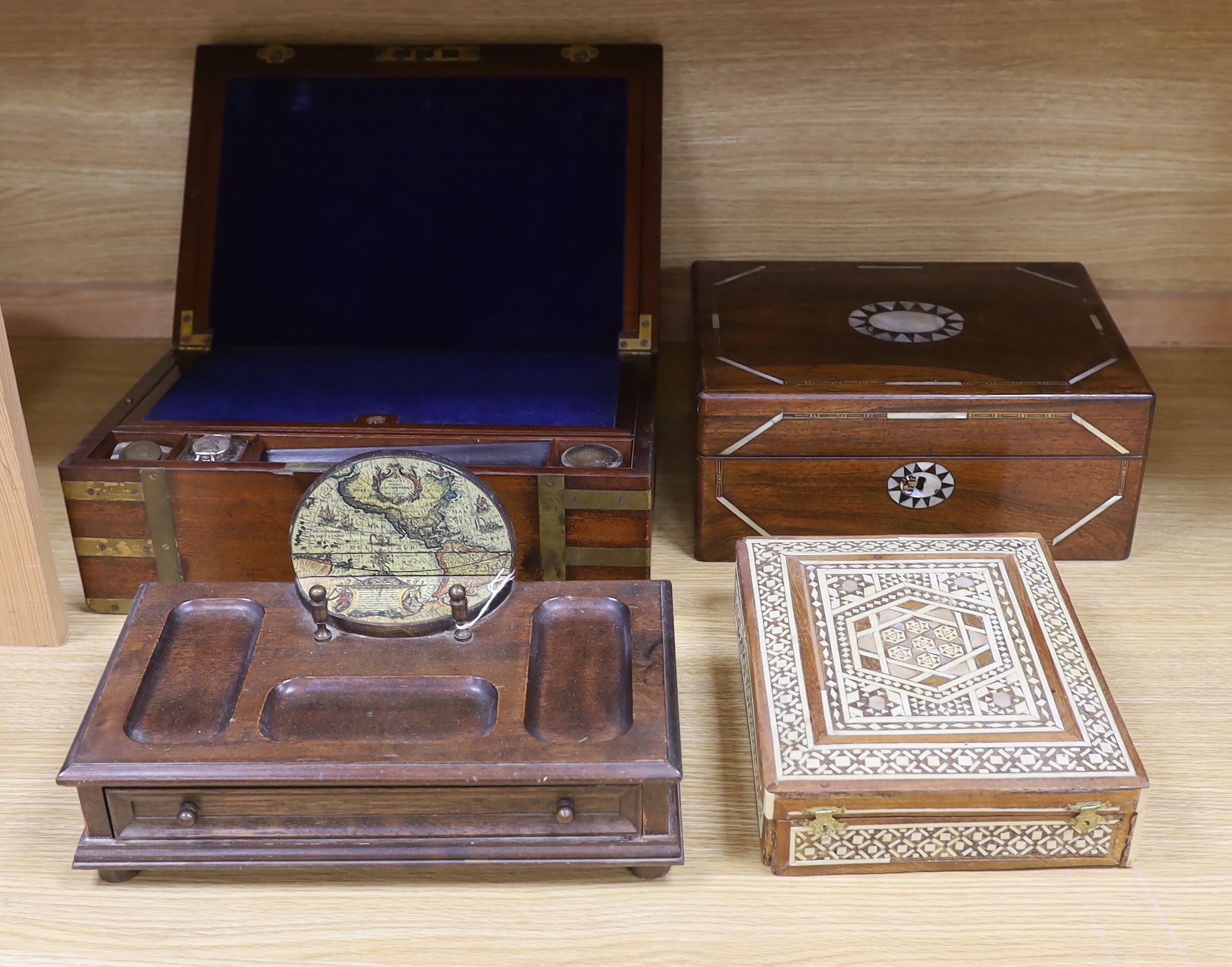 Four various boxes - a brass bound writing slope, a Moroccan inlaid box, mother of pearl inlaid sewing box and another